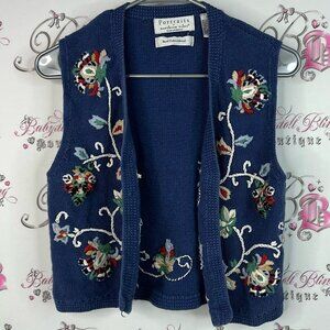 Portraits by northern isle vest Navy Embroidered Cardigan hand embroidery